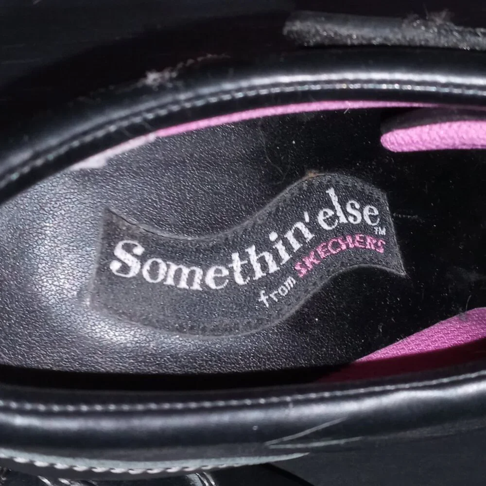 Edgy RARE Vintage Skechers Somethin’ else Black/Pink Leather Sneaker Heels - Picture 13 of 16